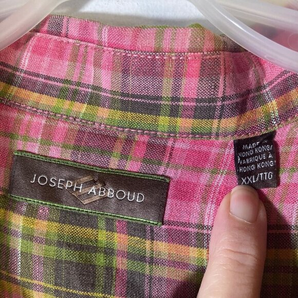 Mens Joseph Abboud Linen Short Sleeve Plaid Button Shirt Pink Green 2XL - Picture 5 of 6